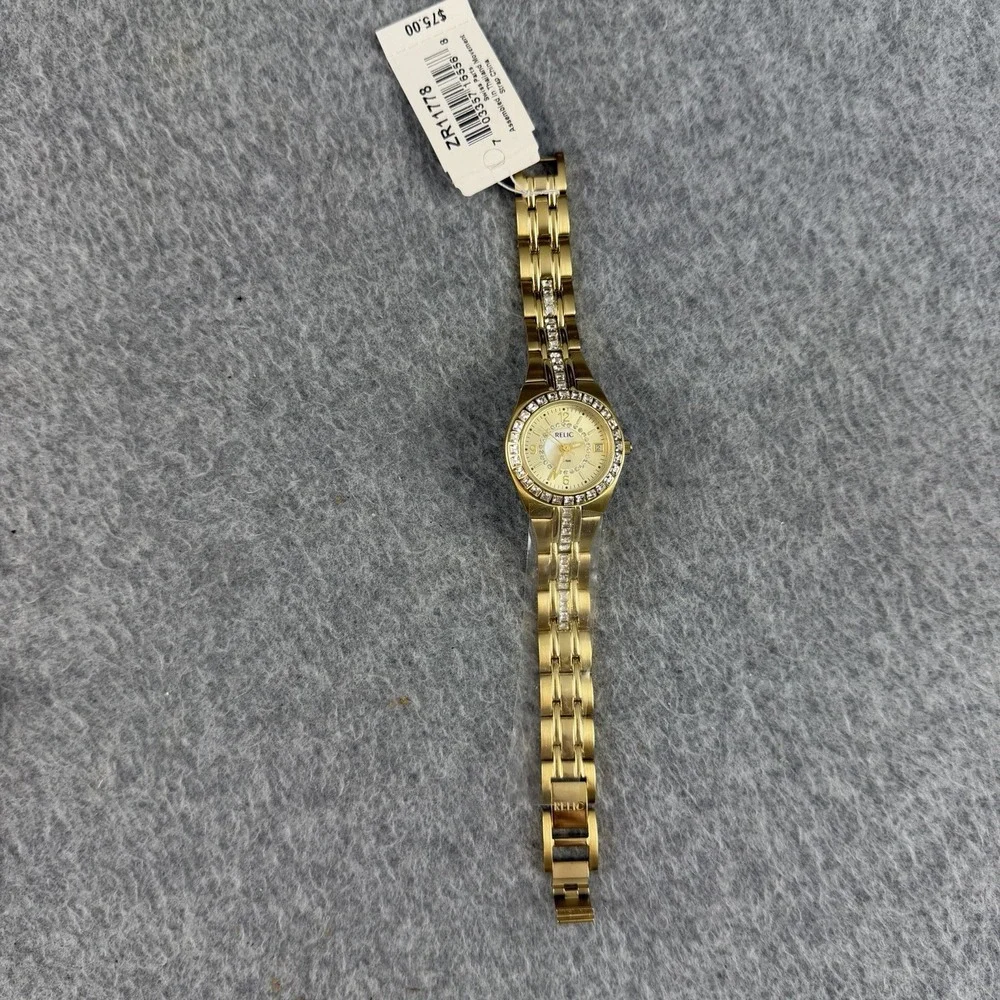 Relic ZR11778 Gold Tone Crystal Watch Parts Repair w/ Box Non Working PARTS ONLY